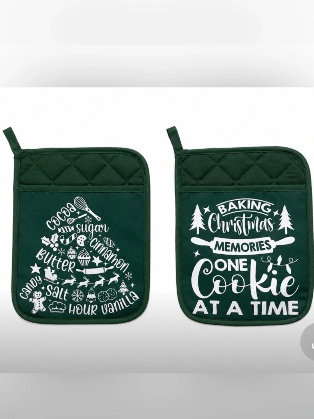 Festive Holiday Pot Holders - Green with White Lettering - Set - of 2